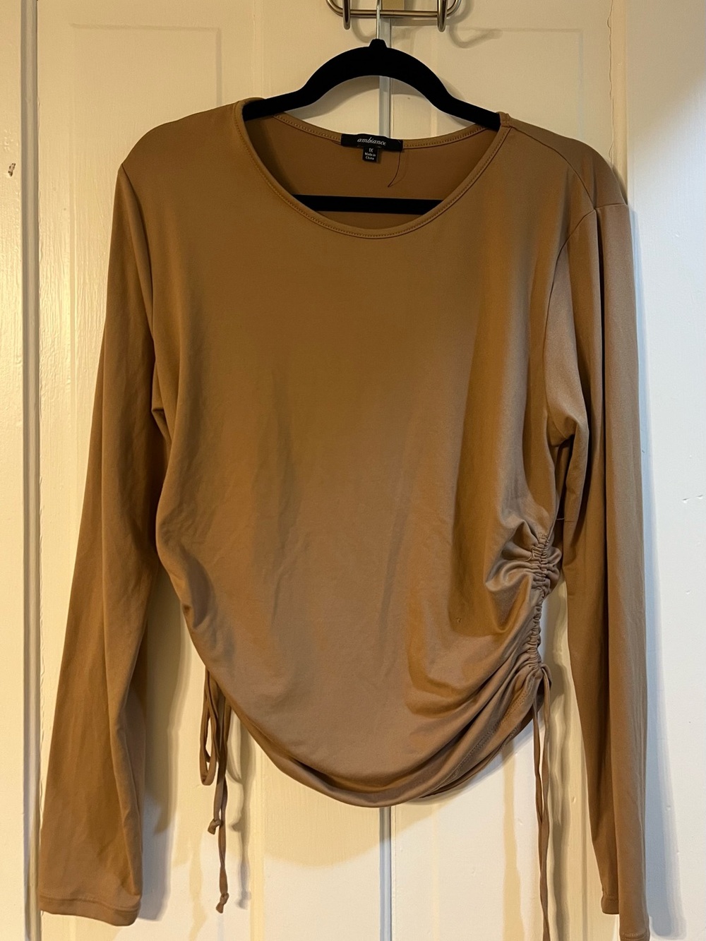 Ambiance Long-Sleeve Ruched Side Top - Camel Brown